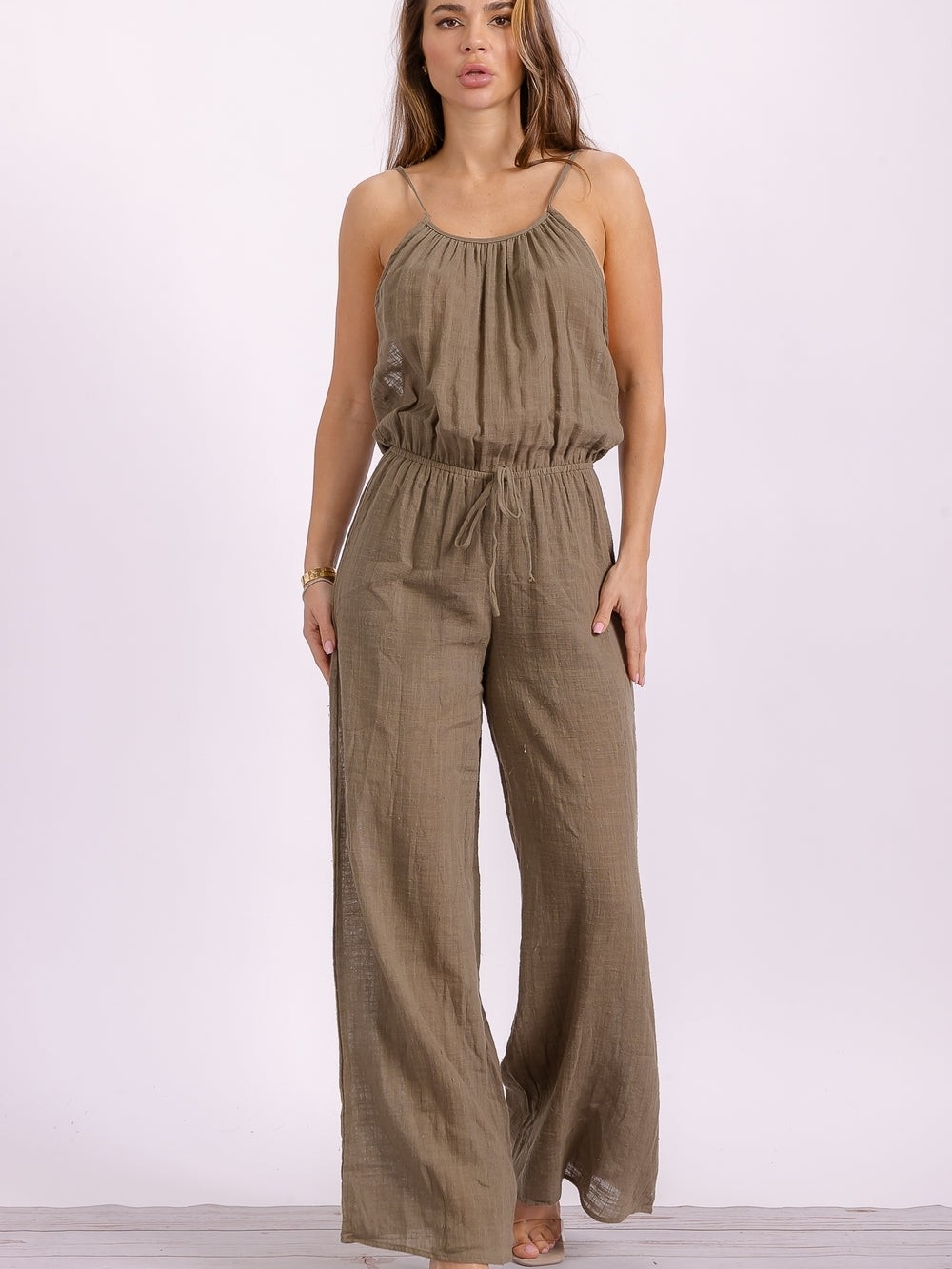 Olive Drawstring Wide-Leg Linen Spaghetti-Strap Jumpsuit
